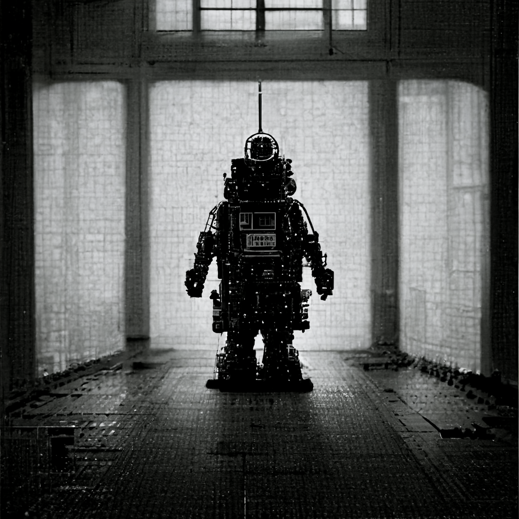 Black and white image of a samurai-looking robot
